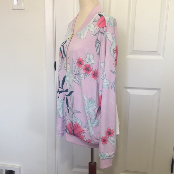 Iman Reversible Bomber Floral Pale Pink Zip Up Super Soft Stretch Knit Jacket - Picture 2 of 8
